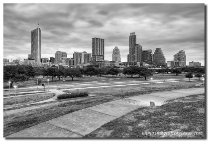 The Austin Skyline on a cloudy morning in Black and White