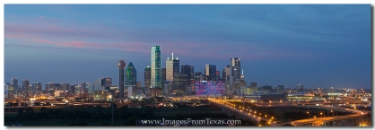From Southwest of downtown Dallas, the this Dallas Skyline Panorama features the iconic Reunion Tower, as well as many other skyscrapers.