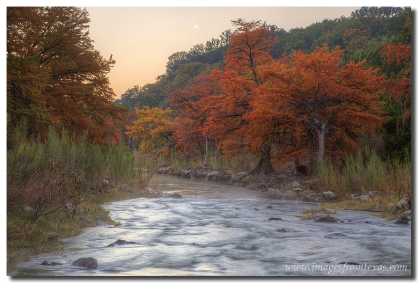 Sunrise lights up the cypress at Pedernales Falls in the Texas Hill Country