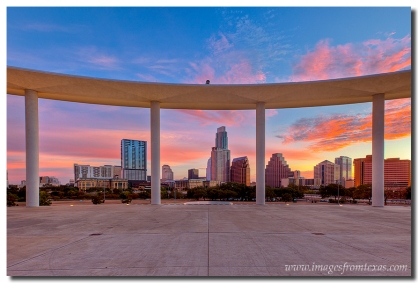 Sunrise comes to the Austin skyline as seen from the balcony of the Long Center.