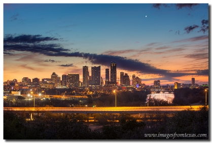 Taken from the Zilker Park clubhouse, the Austin skyline comes to life at sunrise.