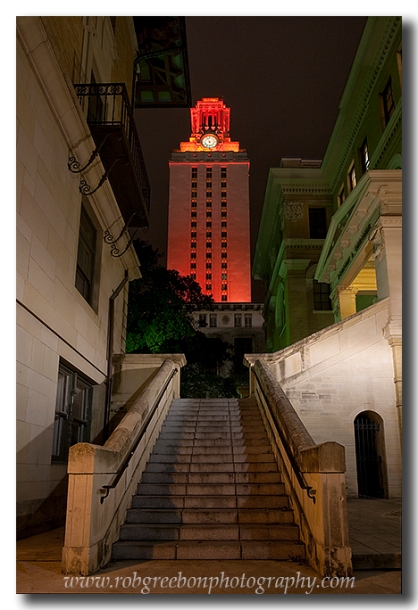 The UT tower is lit orange after a huge football victory