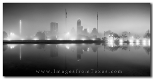Fog drifts through downtown Austin in this early morning black and white panorama.