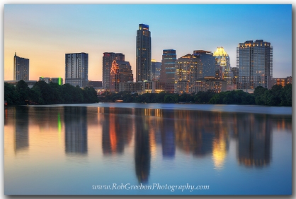 The highrises of Austin, Texas can be seen from the Boardwalk that parallels Lady Bird Lake.