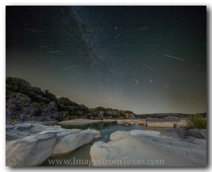 Perseids fall across the Texas Hill Country Sky.